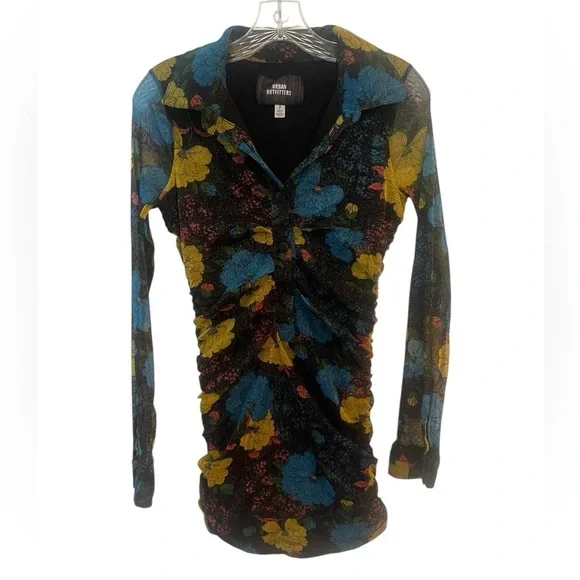 Urban Outfitters Metallic Mesh Mini Dress Small Whimsygoth Y2K Floral Cinched - Picture 3 of 8